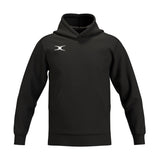The Gilbert Atom Hoodie by Gilbert is a black cotton fleece hoodie with long sleeves, a front kangaroo pocket, and a small white logo on the upper left chest. This comfy training hoodie is shown on a plain white background.