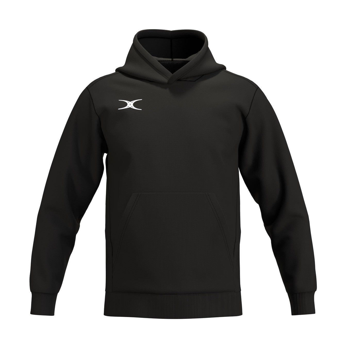 The Gilbert Atom Hoodie by Gilbert is a black cotton fleece hoodie with long sleeves, a front kangaroo pocket, and a small white logo on the upper left chest. This comfy training hoodie is shown on a plain white background.