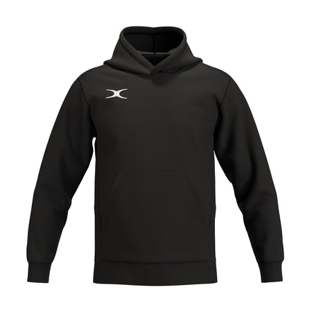 The Gilbert Atom Hoodie by Gilbert is a black cotton fleece hoodie with long sleeves, a front kangaroo pocket, and a small white logo on the upper left chest. This comfy training hoodie is shown on a plain white background.