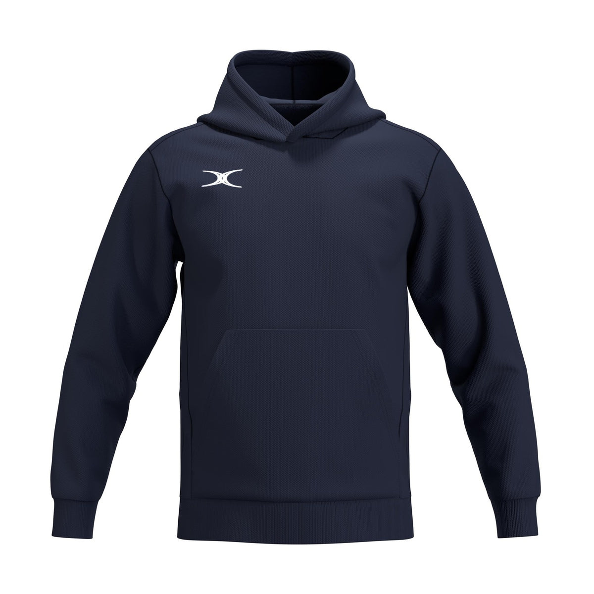 The Gilbert Atom Hoodie by Gilbert is a dark navy blue cotton fleece hoodie with long sleeves, a front kangaroo pocket, and a small white logo on the left chest, displayed on an invisible mannequin.