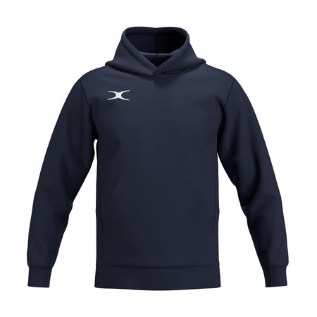 The Gilbert Atom Hoodie by Gilbert is a dark navy blue cotton fleece hoodie with long sleeves, a front kangaroo pocket, and a small white logo on the left chest, displayed on an invisible mannequin.