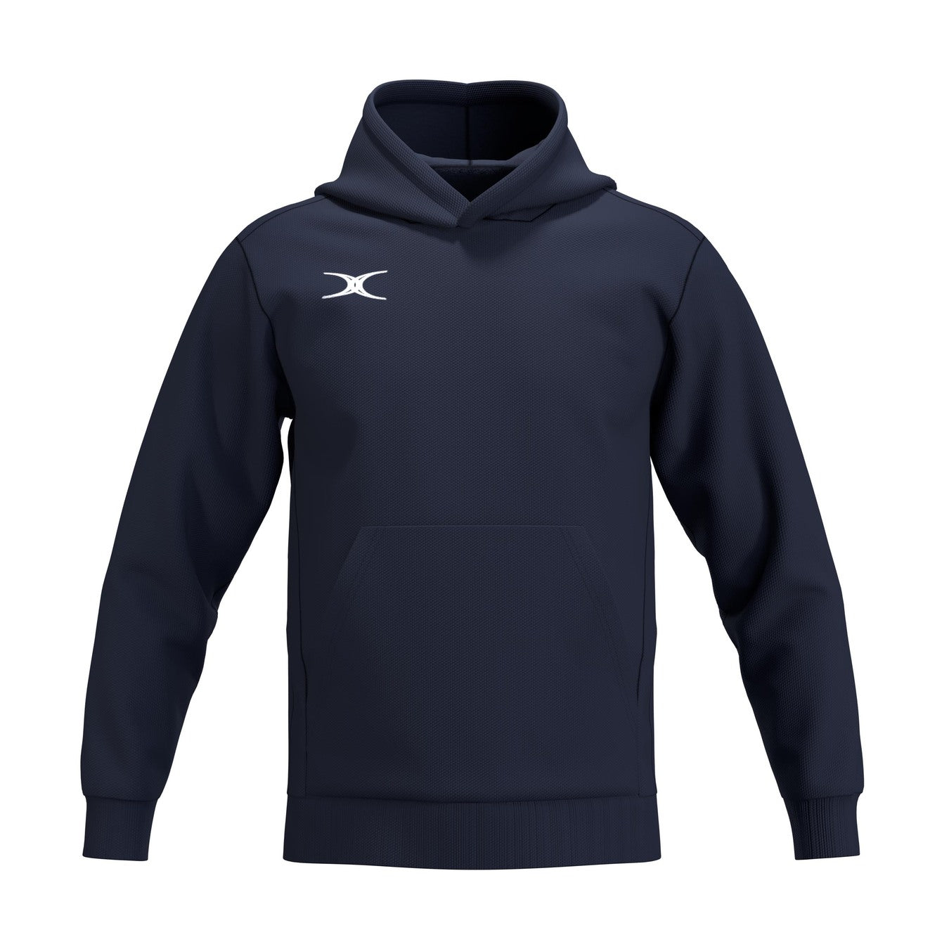 The Gilbert Atom Hoodie by Gilbert is a dark navy blue cotton fleece hoodie with long sleeves, a front kangaroo pocket, and a small white logo on the left chest, displayed on an invisible mannequin.