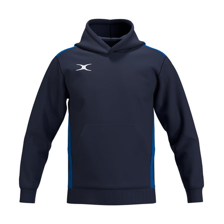 The Gilbert Atom Hoodie by Gilbert is a navy blue cotton fleece training hoodie with light blue side panels, long sleeves, a front pocket, ribbed cuffs and hem, plus a white logo on the left chest.