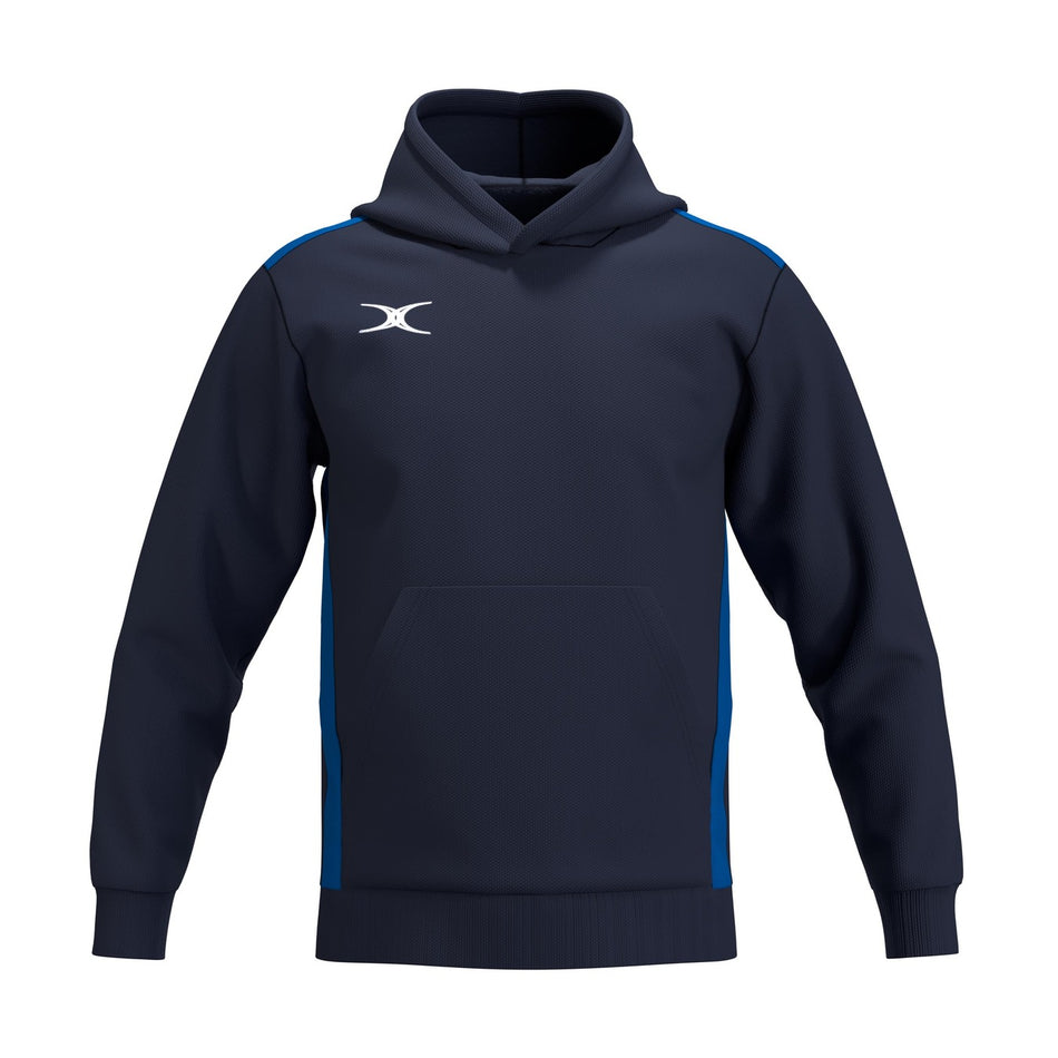 The Gilbert Atom Hoodie by Gilbert is a navy blue cotton fleece training hoodie with light blue side panels, long sleeves, a front pocket, ribbed cuffs and hem, plus a white logo on the left chest.
