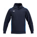 The Gilbert Atom Hoodie by Gilbert is a navy blue cotton fleece training hoodie with light blue side panels, long sleeves, a front pocket, ribbed cuffs and hem, plus a white logo on the left chest.