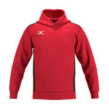 The Gilbert Atom Hoodie by Gilbert is a bright red cotton fleece training top with black side accents, a white logo on the left chest, front kangaroo pocket, and ribbed cuffs.