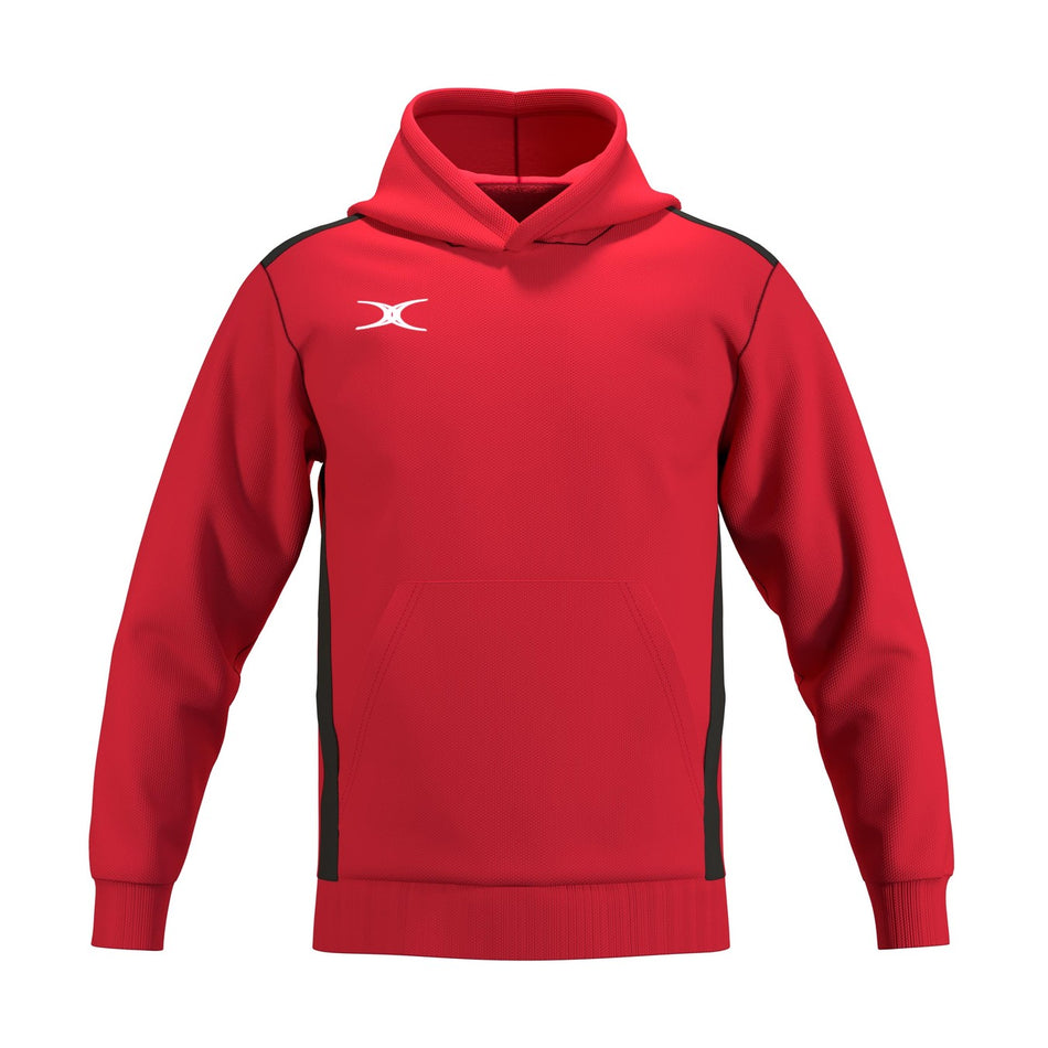 The Gilbert Atom Hoodie by Gilbert is a bright red cotton fleece training top with black side accents, a white logo on the left chest, front kangaroo pocket, and ribbed cuffs.