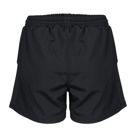 The Gilbert Photon Rugby Shorts Women by Gilbert are black rugby shorts for women, shown from the back with an elastic waistband and a plain, logo-free design—ideal for lightweight comfort during intense games.