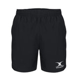 The Gilbert Photon Rugby Shorts Women by Gilbert are black, lightweight rugby shorts with an elastic waistband. Featuring a white Gilbert logo and emblem on the lower right, they offer comfort and flexibility in a plain design.
