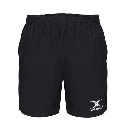 The Gilbert Photon Rugby Shorts Women by Gilbert are black, lightweight rugby shorts with an elastic waistband. Featuring a white Gilbert logo and emblem on the lower right, they offer comfort and flexibility in a plain design.