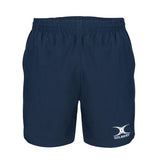 The Gilbert Photon Rugby Shorts Women, in navy, feature an elastic waistband, lightweight design, and a white Gilbert logo on the lower left leg.