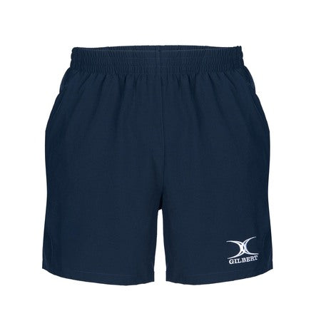 Gilbert Photon Senior Rugby Shorts by Gilbert in navy, featuring an elastic waistband, side pockets, and a white Gilbert logo and emblem on the left leg. Ideal for senior rugby players. Displayed against a plain white background.