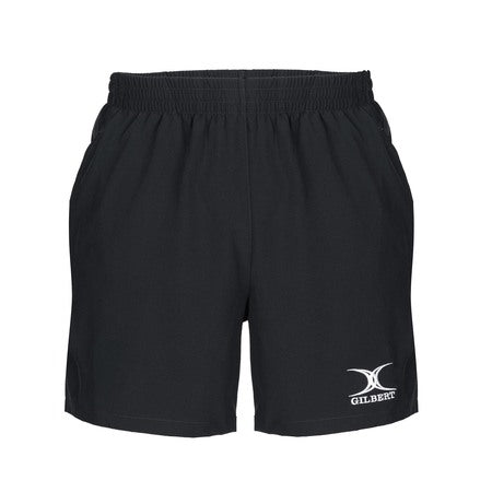 The Gilbert Photon Senior Rugby Shorts in black feature an elastic waistband and a white Gilbert logo on the lower left leg. These durable shorts are ideal for rugby training or matches and are shown against a plain white background.