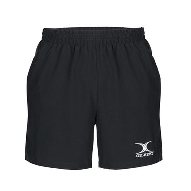 The Gilbert Photon Junior Rugby Shorts in black feature an elastic waistband, white Gilbert logo on the lower left leg, two side pockets, and are shown against a plain white background.