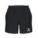The Gilbert Photon Junior Rugby Shorts in black feature an elastic waistband, white Gilbert logo on the lower left leg, two side pockets, and are shown against a plain white background.