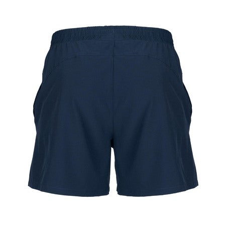 The Gilbert Photon Junior Rugby Shorts in navy blue are shown from the back, featuring an elastic waistband and side pockets.