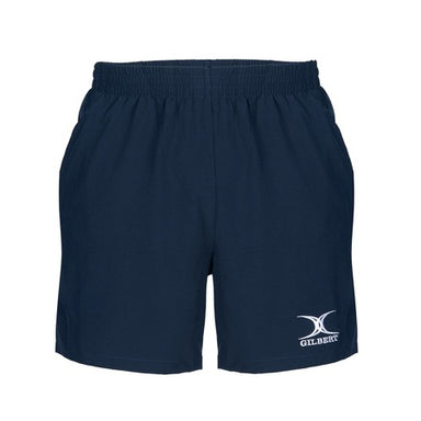 Gilbert Photon Junior Rugby Shorts in navy with elastic waistband, side pockets, and white Gilbert logo on the left leg—durable and ideal for rugby training or match days.