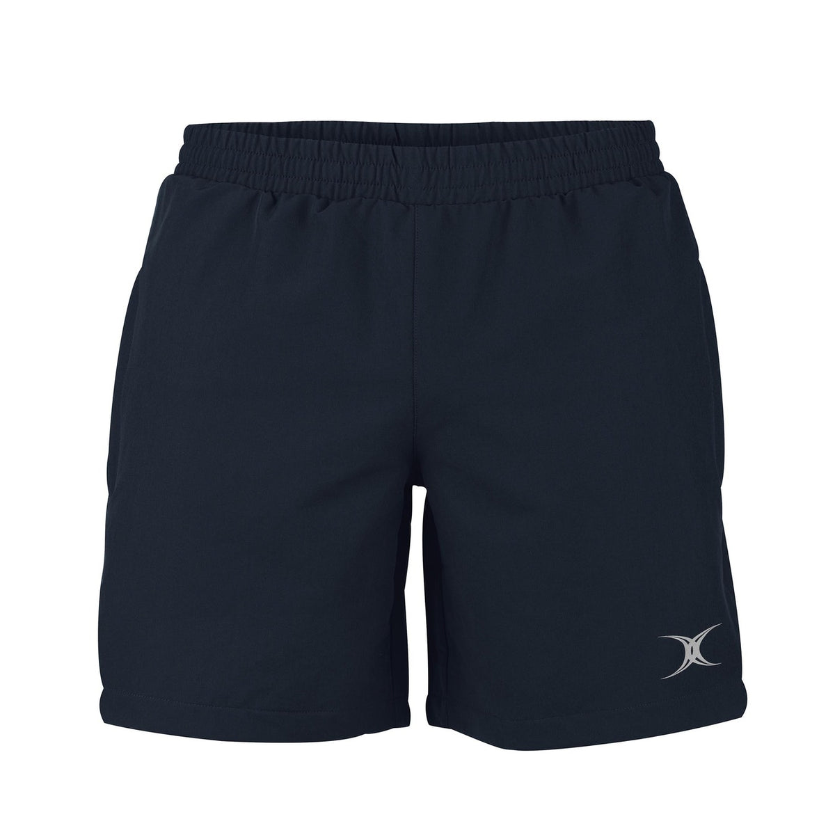 The Gilbert Evo Rugby Shorts by Gilbert feature a plain black design, elastic waistband, side pockets, and a small white logo on the lower left leg—perfect for rugby performance with a minimalist style.
