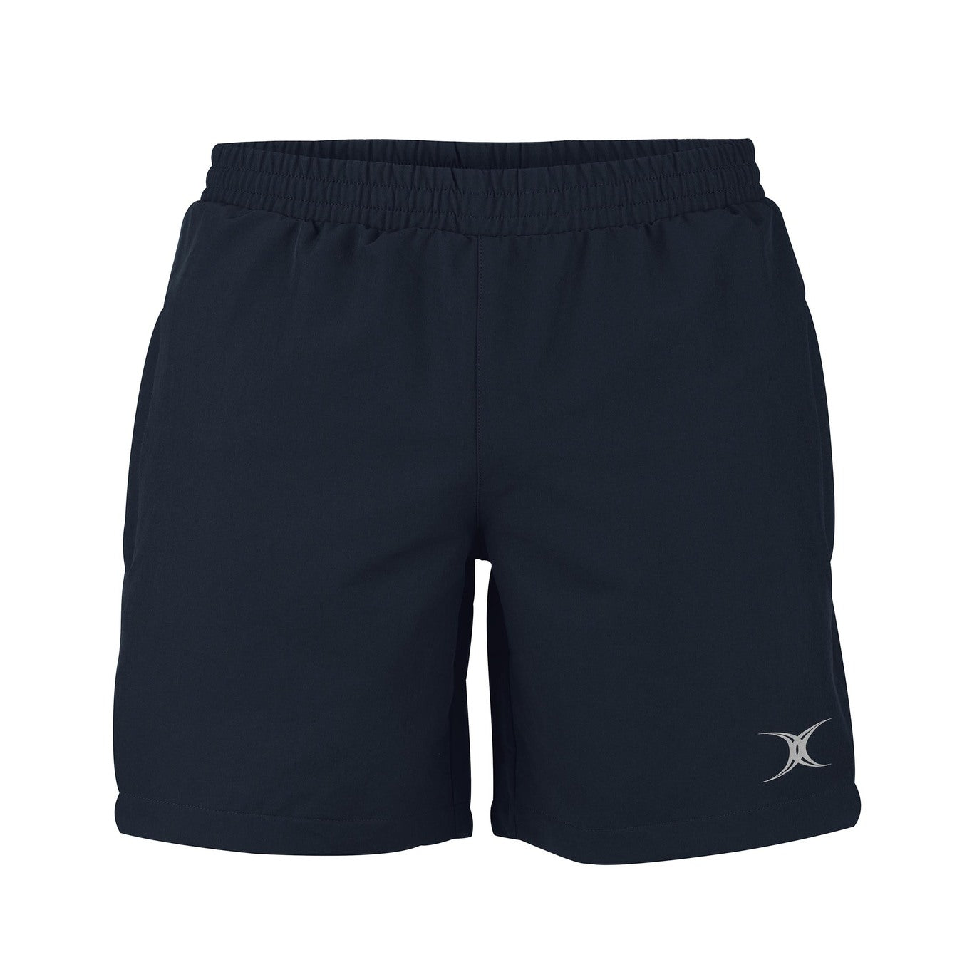 The Gilbert Evo Rugby Shorts by Gilbert feature a plain black design, elastic waistband, side pockets, and a small white logo on the lower left leg—perfect for rugby performance with a minimalist style.