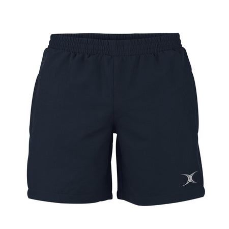 The Gilbert Evo Rugby Shorts by Gilbert feature a plain black design, elastic waistband, side pockets, and a small white logo on the lower left leg—perfect for rugby performance with a minimalist style.
