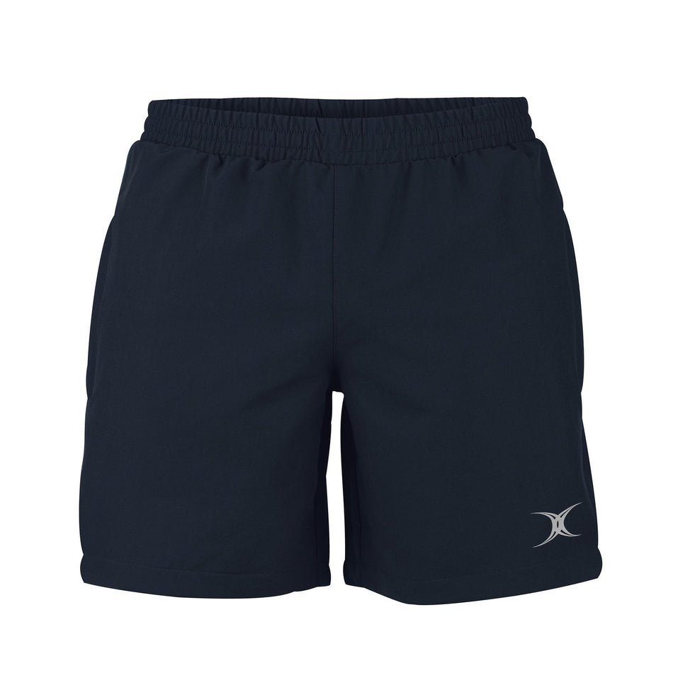 The Gilbert Evo Rugby Shorts by Gilbert feature a plain black design, elastic waistband, side pockets, and a small white logo on the lower left leg—perfect for rugby performance with a minimalist style.