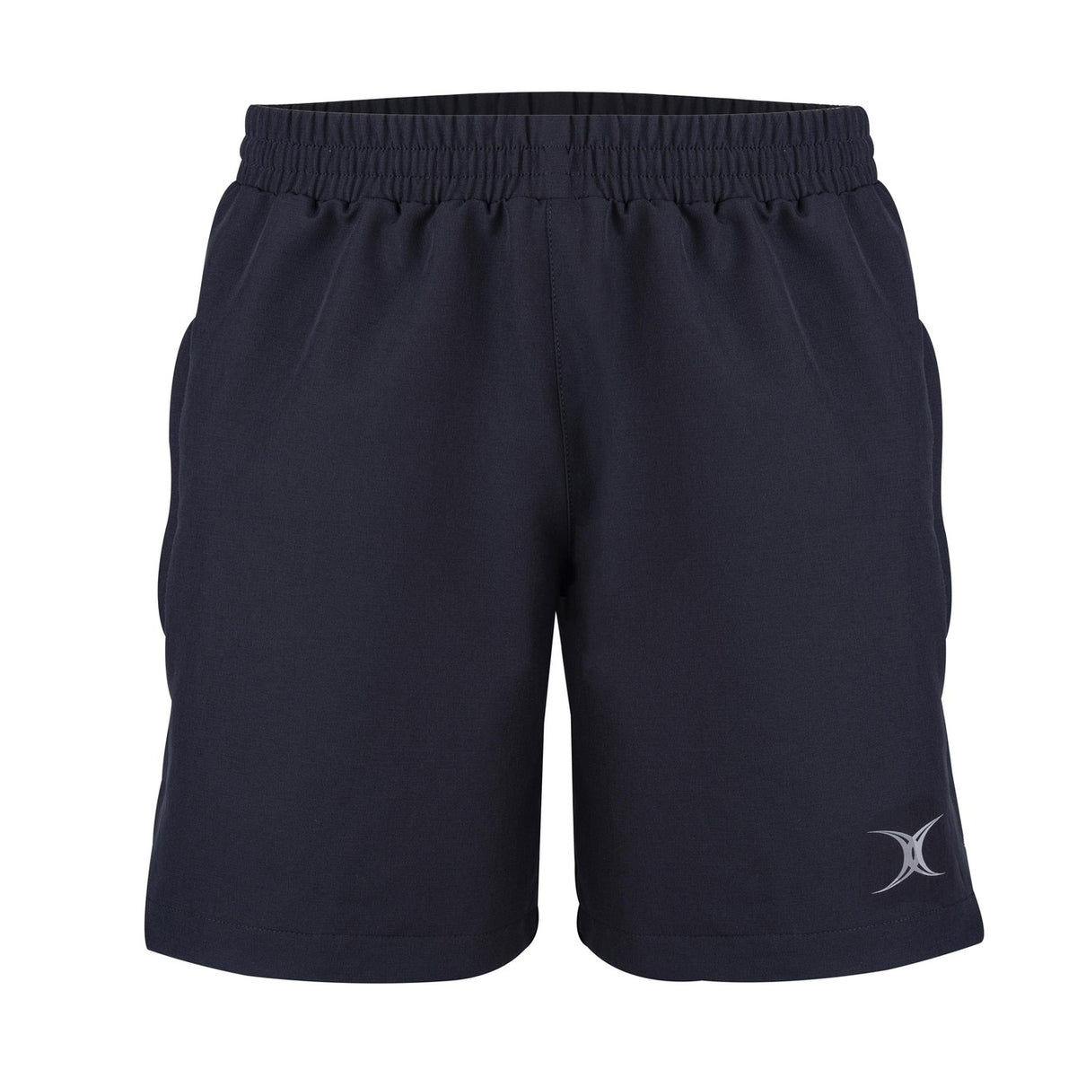 Black Gilbert Evo Rugby Shorts by Gilbert with an elastic waistband, side pockets, and a small white logo on the lower left leg. These athletic shorts deliver premium rugby performance and are shown against a white background.