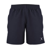 Black Gilbert Evo Rugby Shorts by Gilbert with an elastic waistband, side pockets, and a small white logo on the lower left leg. These athletic shorts deliver premium rugby performance and are shown against a white background.