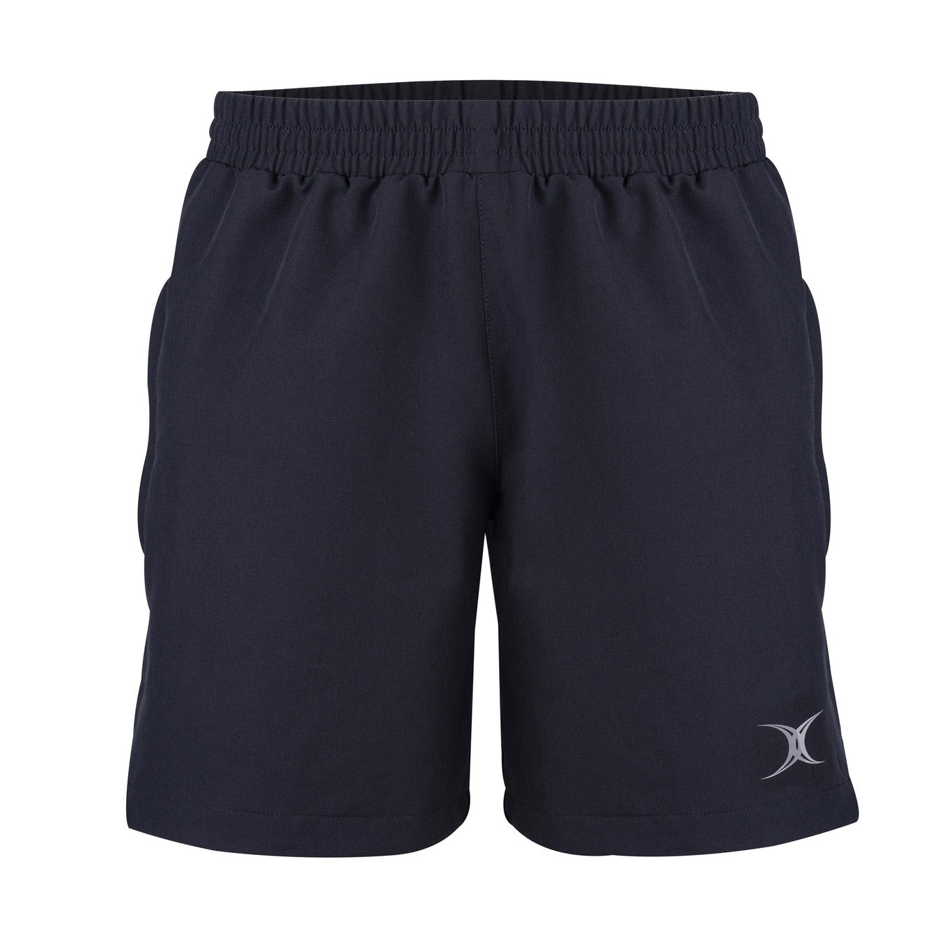 Black Gilbert Evo Rugby Shorts by Gilbert with an elastic waistband, side pockets, and a small white logo on the lower left leg. These athletic shorts deliver premium rugby performance and are shown against a white background.