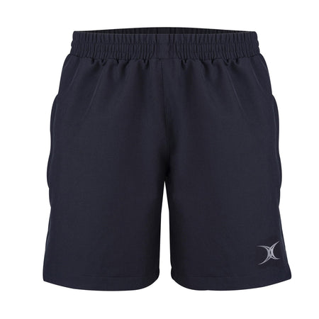 Black Gilbert Evo Rugby Shorts by Gilbert with an elastic waistband, side pockets, and a small white logo on the lower left leg. These athletic shorts deliver premium rugby performance and are shown against a white background.