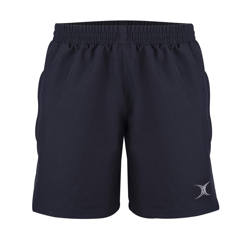 Black Gilbert Evo Rugby Shorts by Gilbert with an elastic waistband, side pockets, and a small white logo on the lower left leg. These athletic shorts deliver premium rugby performance and are shown against a white background.