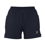 The Gilbert Evo Women's Rugby Shorts by Gilbert are black, feature an elastic waistband, 4-way stretch fabric for comfort, and display a small silver logo on the lower left leg.