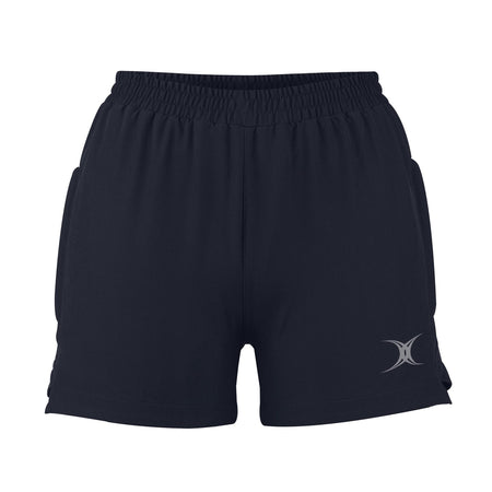 The Gilbert Evo Women's Rugby Shorts by Gilbert are black, feature an elastic waistband, 4-way stretch fabric for comfort, and display a small silver logo on the lower left leg.