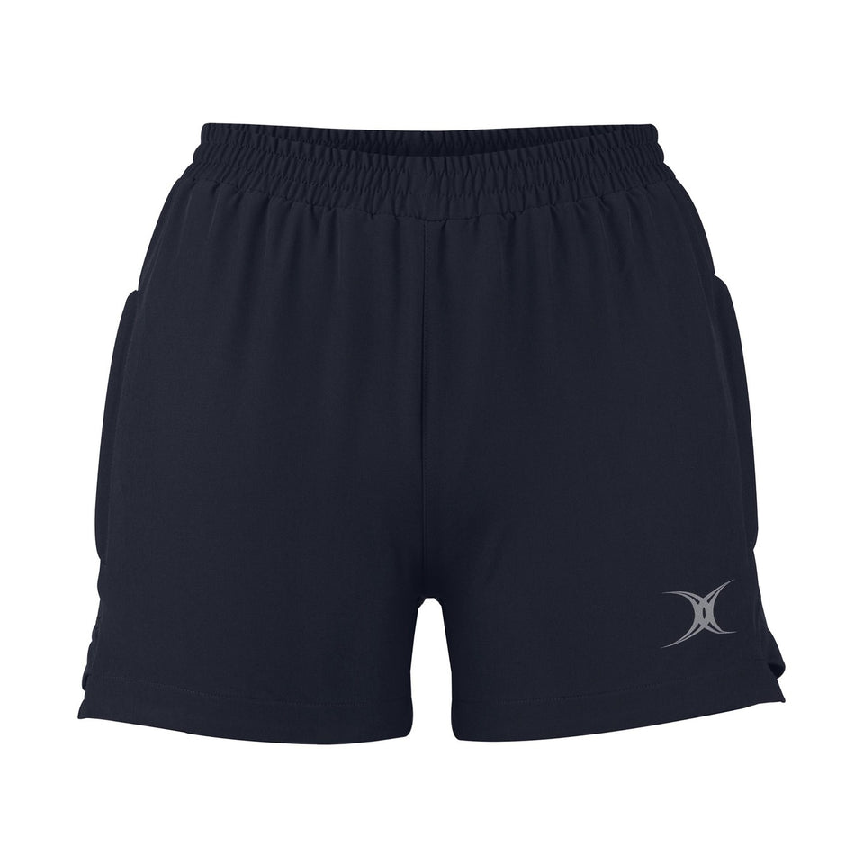The Gilbert Evo Women's Rugby Shorts by Gilbert are black, feature an elastic waistband, 4-way stretch fabric for comfort, and display a small silver logo on the lower left leg.