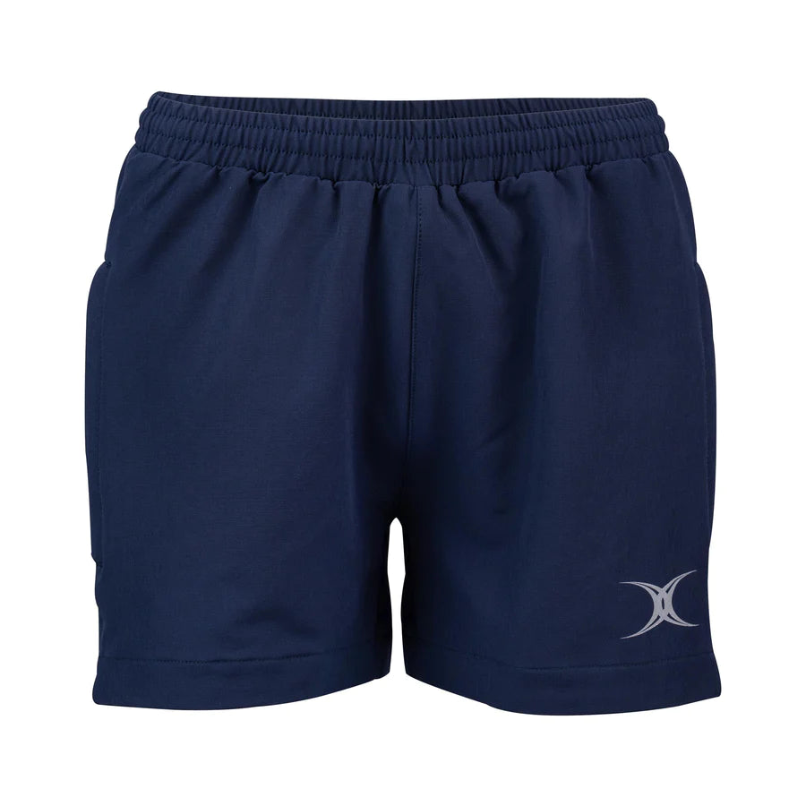 The Gilbert Evo Womens Rugby Shorts by Gilbert are dark navy with an elastic waistband, side pockets, and a small white logo on the lower right leg. Made from 4-way stretch fabric, they're ideal for women's rugby.