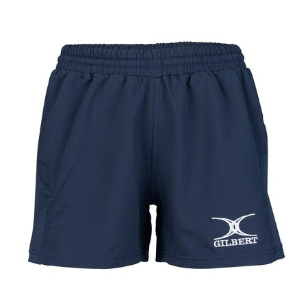 Black lightweight Gilbert Elite Womens Shorts with an elastic waistband and the word GILBERT plus white logo printed on the lower left leg.
