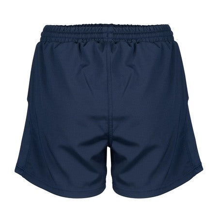 The Gilbert Elite Womens Shorts by Gilbert are lightweight dark blue performance shorts with an elastic waistband, displayed from the back on a plain white background.