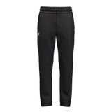 The Gilbert Atom Track Trousers by Gilbert, made from recycled polyester, feature a black design with an elastic waistband, drawstring, and a small white logo on the left thigh. Shown against a plain white background.