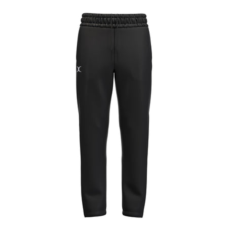 The Gilbert Atom Track Trousers by Gilbert, made from recycled polyester, feature a black design with an elastic waistband, drawstring, and a small white logo on the left thigh. Shown against a plain white background.