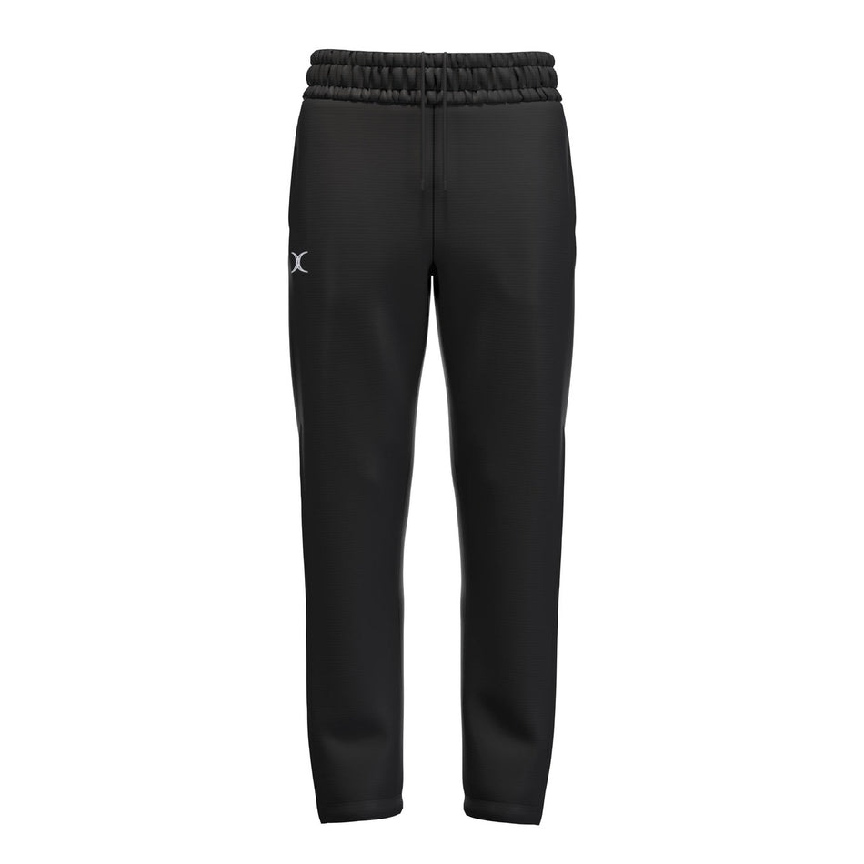 The Gilbert Atom Track Trousers by Gilbert, made from recycled polyester, feature a black design with an elastic waistband, drawstring, and a small white logo on the left thigh. Shown against a plain white background.