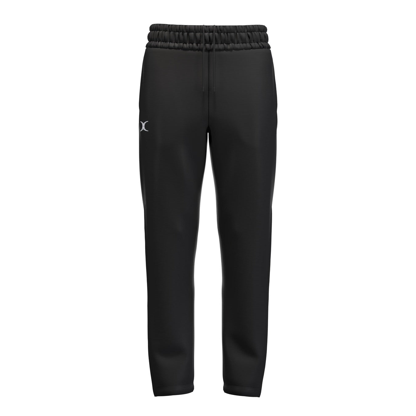 The Gilbert Atom Track Trousers by Gilbert, made from recycled polyester, feature a black design with an elastic waistband, drawstring, and a small white logo on the left thigh. Shown against a plain white background.