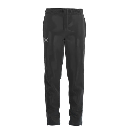The Gilbert TTS Rain Trousers in black feature an elastic waistband and a small white logo on the left thigh, shown against a plain white background—ideal waterproof trousers for outdoor sportswear.