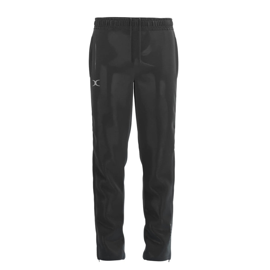 The Gilbert TTS Rain Trousers in black feature an elastic waistband and a small white logo on the left thigh, shown against a plain white background—ideal waterproof trousers for outdoor sportswear.