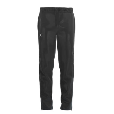 The Gilbert TTS Rain Trousers in black feature an elastic waistband and a small white logo on the left thigh, shown against a plain white background—ideal waterproof trousers for outdoor sportswear.