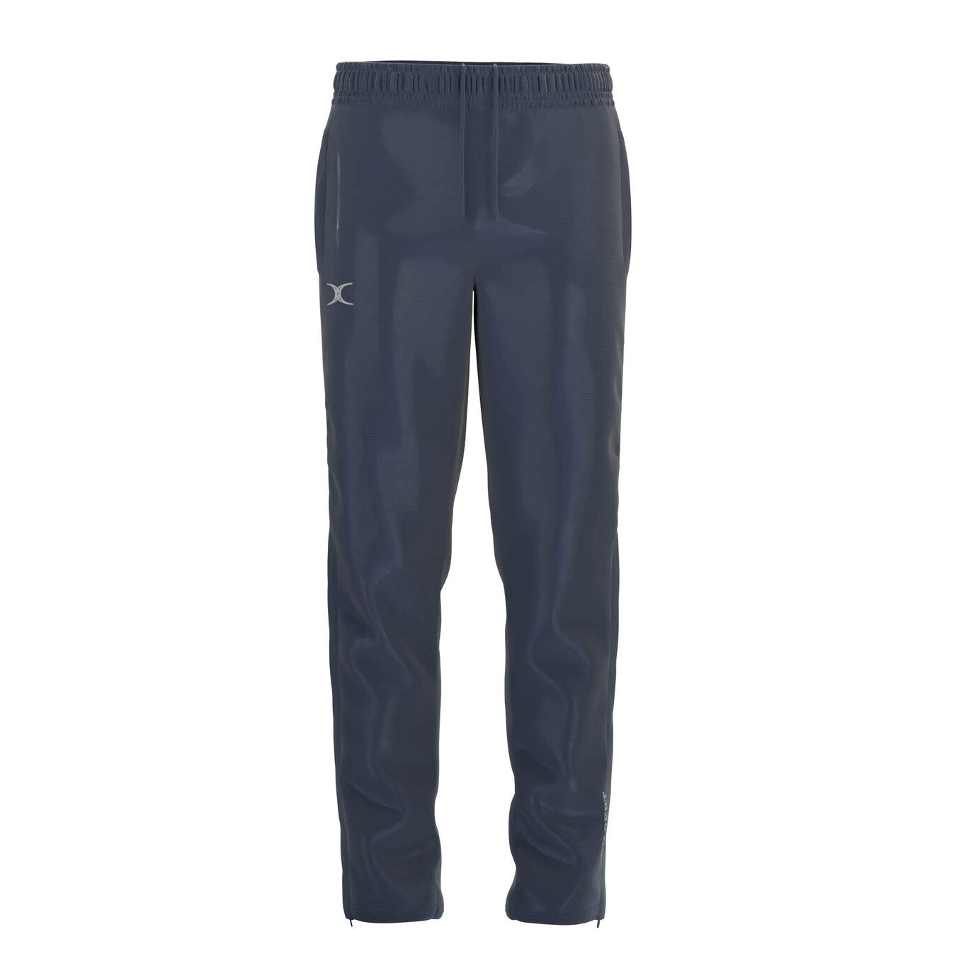 Gilbert TTS Rain Trousers in dark navy feature a waterproof design, elastic waistband, straight legs, and a small white Gilbert logo on the upper left thigh, shown on a plain white background.