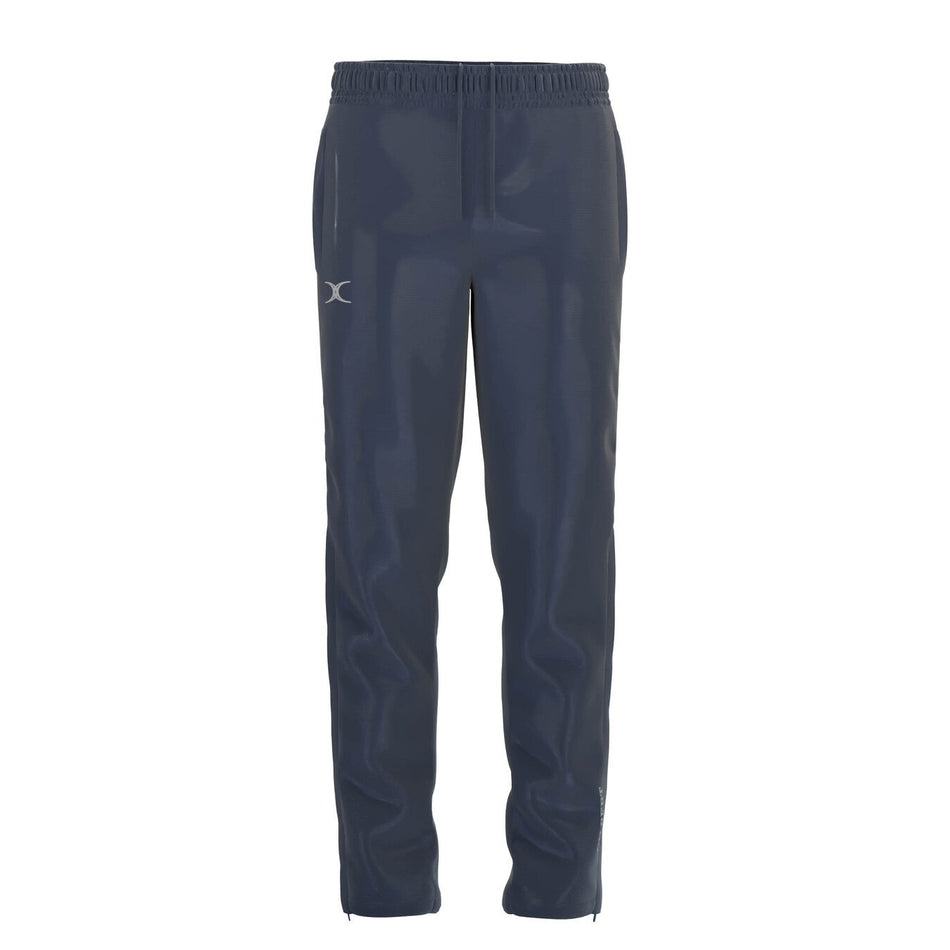 Gilbert TTS Rain Trousers in dark navy feature a waterproof design, elastic waistband, straight legs, and a small white Gilbert logo on the upper left thigh, shown on a plain white background.