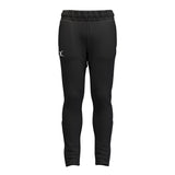 The Gilbert Atom Training Trousers by Gilbert are black athletic pants made from polyester French terry, featuring an elastic waistband, a small white logo on the left thigh, and tapered legs, shown against a white background.
