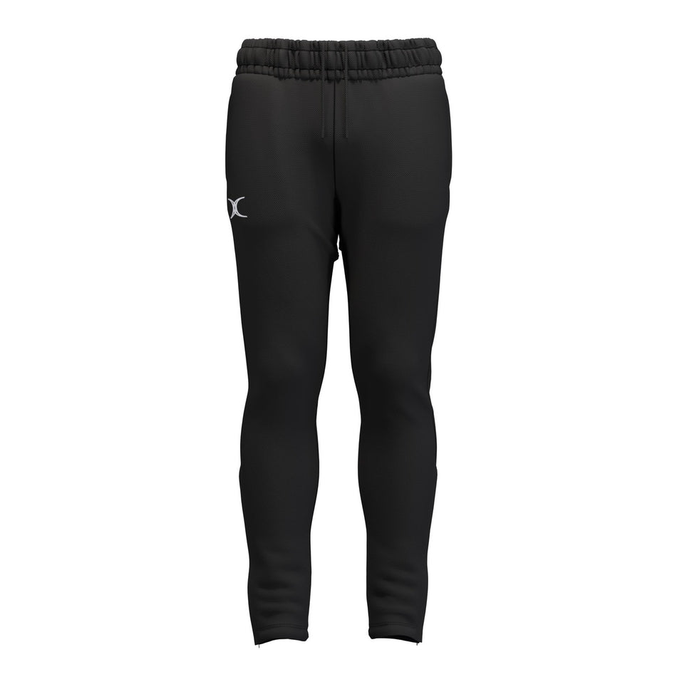 The Gilbert Atom Training Trousers by Gilbert are black athletic pants made from polyester French terry, featuring an elastic waistband, a small white logo on the left thigh, and tapered legs, shown against a white background.