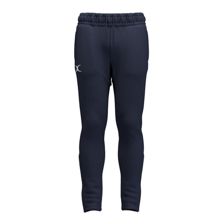 The Gilbert Atom Training Trousers by Gilbert are navy blue polyester joggers with a tapered leg, elastic waistband, and small white logo on the left hip, shown against a plain white background.