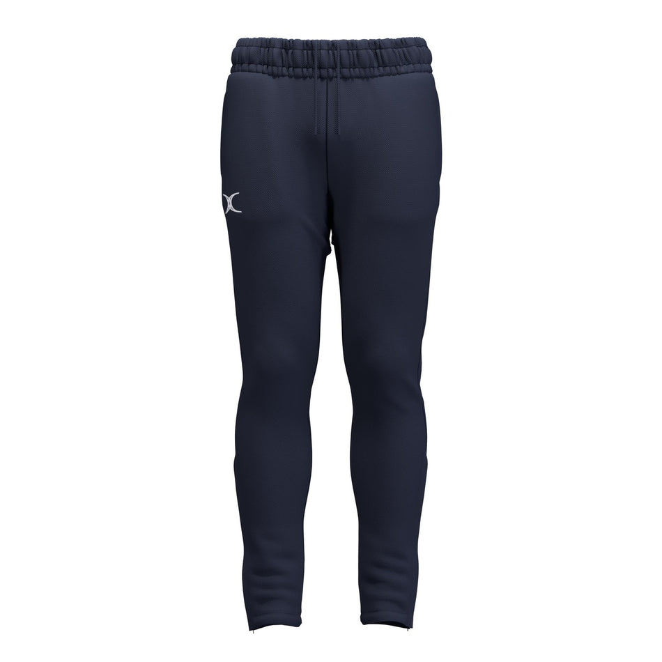 The Gilbert Atom Training Trousers by Gilbert are navy blue polyester joggers with a tapered leg, elastic waistband, and small white logo on the left hip, shown against a plain white background.