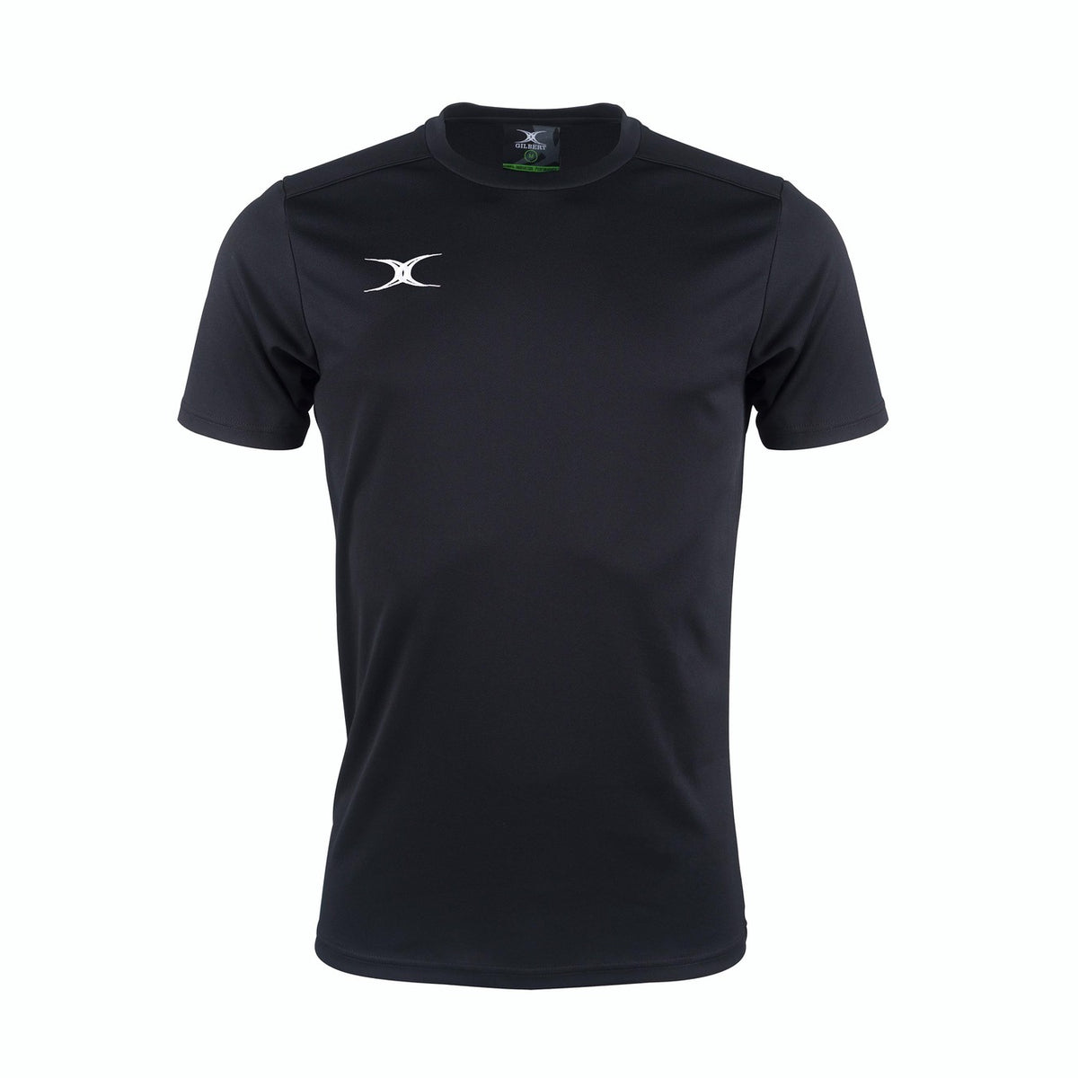 The Gilbert Photon II T-shirt by Gilbert is a high-performance black training tee with a subtle white logo on the left chest, shown on a white background—ideal athletic wear for any workout.